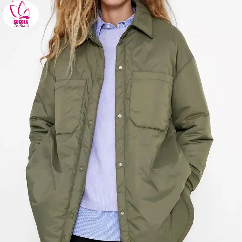 

Za Women's Shirts Jackets Thin Parka Oversize Shirt Coats Femme Armygreen Outerwear Coats Bf Long Sleeve Khaki Coat Trf Lady y2k