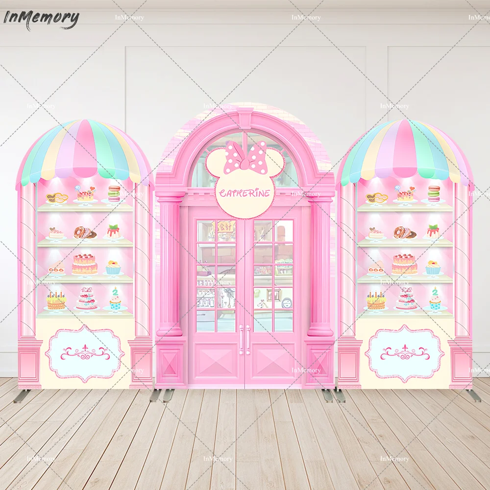 

Minnie Cake Candy Shop Arch Backdrop Baby Shower Decoration Party Banner Donut Girl 1st Birthday Chiara Wall Photo Background