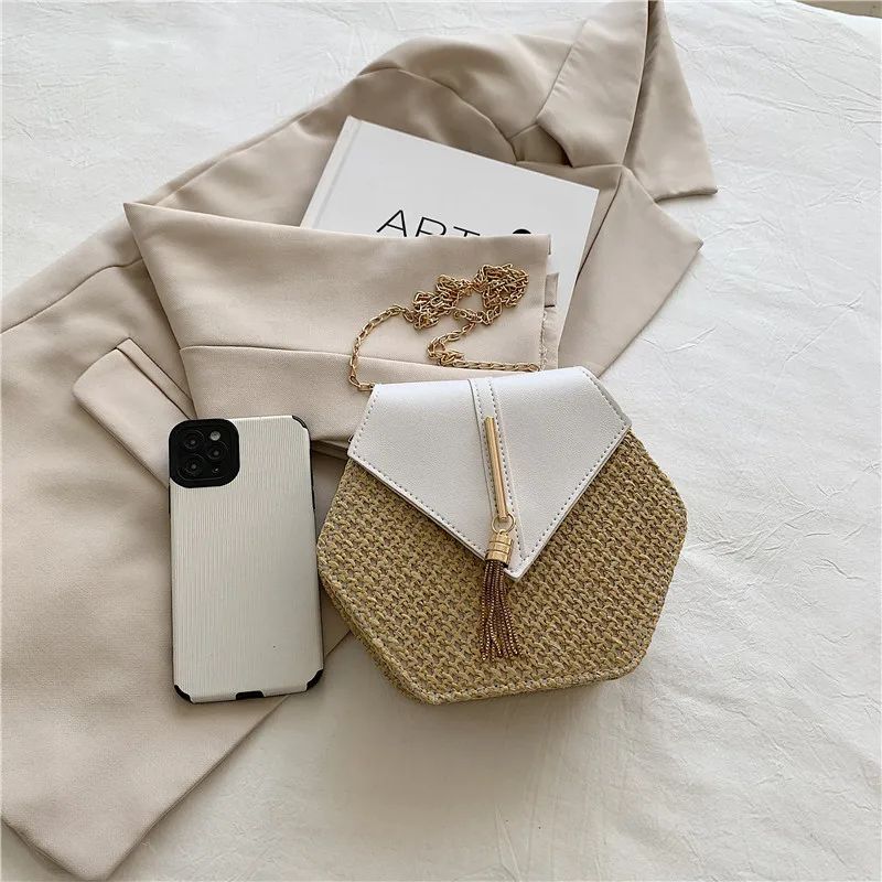 Hexagon Straw & Leather Handbag - Bohemian Woven Beach Shoulder Bag 41 S783c3a6fde1e4f27a4096276e920b728T