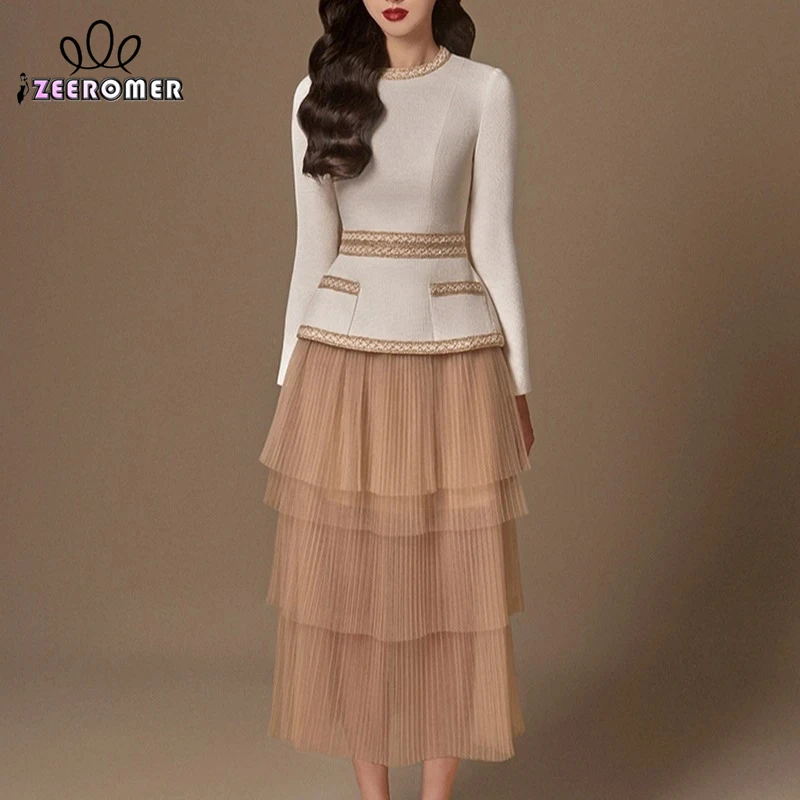 Костюм из двух предметов ZEEROMER, элегантный твидовый пиджак с круглым вырезом и длинным рукавом + эластичная сетчатая юбка средней длины с высокой талией, офисные костюмы из двух предметов 
Костюм из двух предметов ZEEROMER, элегантный твидовый пиджак с круглым вырезом и длинным рукавом + эластичная сетчатая юбка средней длины с высокой талией, офисные костюмы из двух предметов