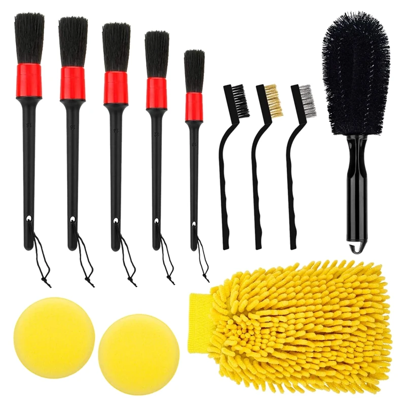 

12Pcs Car Wire Brush Premium Detail Brush Tire Brush Chenille Microfiber Wash Glove Foam Cleaning Pads Set