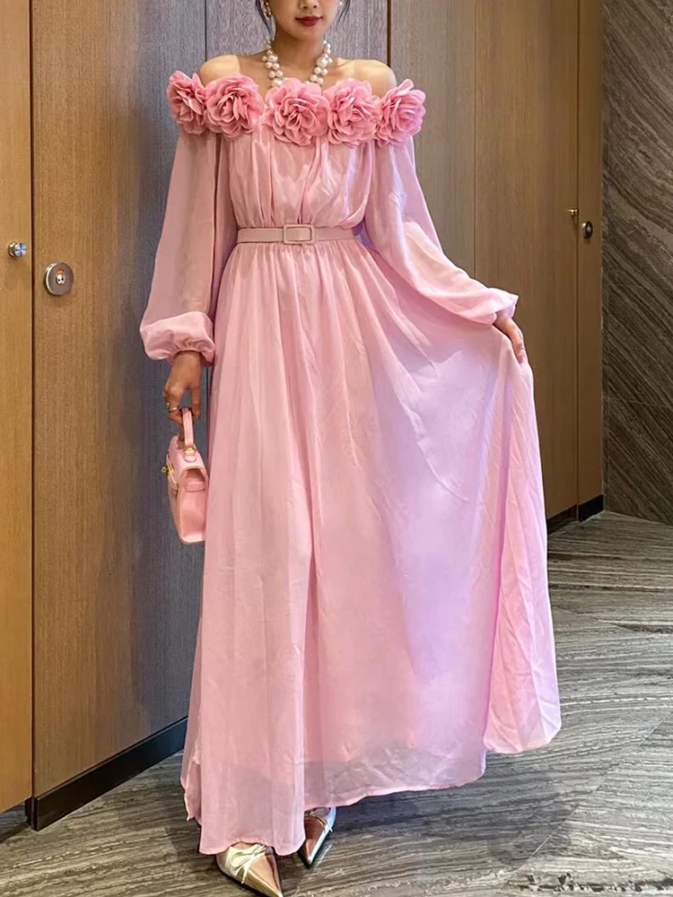 

Spring New Off-the-Shoulder Heavy Industry Three-dimensional Flower Dress with High Waist and Large Slit Long Dinner Dress