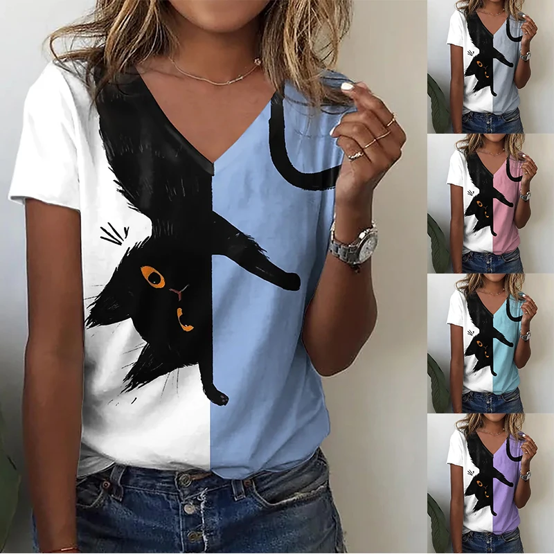2022 Summer Elegant Women's Cute 3D Cat Printed Tee Shirts Casual V Neck Female Fashionable Pullover Oversized Tops New Design
2022 Summer Elegant Women's Cute 3D Cat Printed Tee Shirts Casual V Neck Female Fashionable Pullover Oversized Tops New Design
