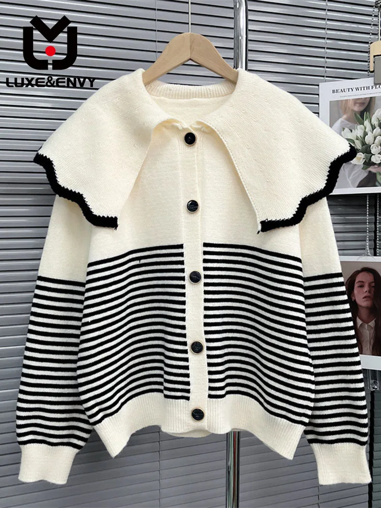 

LUXE&ENVY Striped Neck Red Gentle Soft Glutinous Sweater Women's Cardigan Autumn/Winter 2023 New Design Sense Top Coat