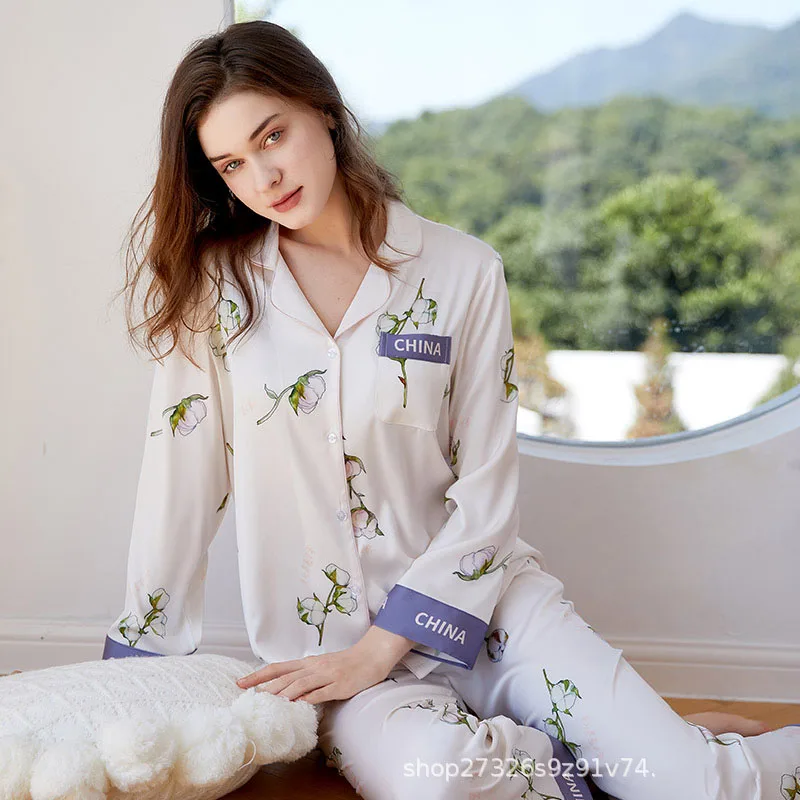 

CRLAYDK 2023 New Women's Long Sleeve Pajamas Silky Printed Button Down Sleepwear Pjs Set Soft Loungewear Lightweight Nightwear