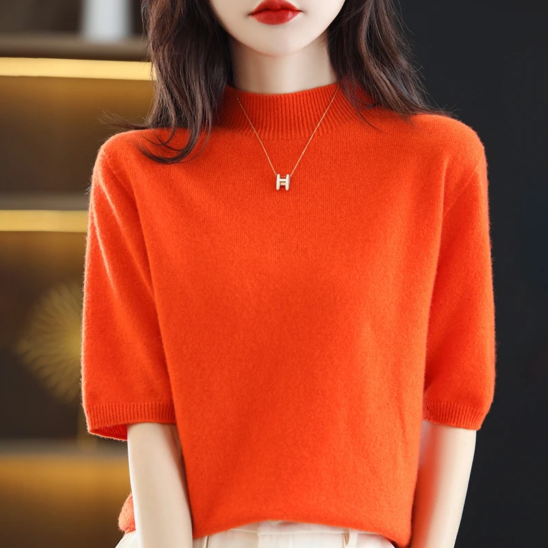 

Seamless Cashmere Sweater Knitted Women's Clothing 100% Pure Wool Short-Sleeved 2023 Spring Five-Quarter Sleeve Fashion Pullover
