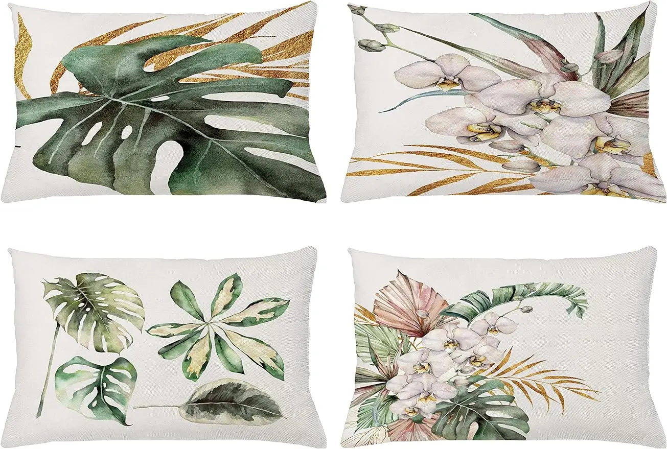 

tropical pillowcase, Vintage plant monstera leaf orchid pattern print waist pillowcase 40X60cm sofa decorative pillowcase