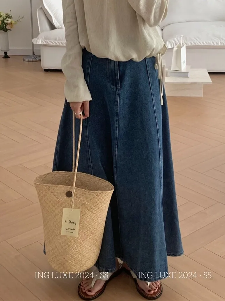 ZHISILAO новая трапециевидная джинсовая юбка женская винтажная длинная джинсовая юбка с эластичным поясом Весна Лето 2024 шикарная