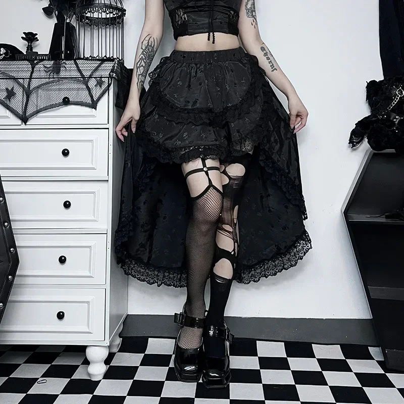 

Black High Waist Long Asymmetrical Ruffles Sexy Victorian Vintage Skirt Gothic Steampunk Skirts Women Party Wear