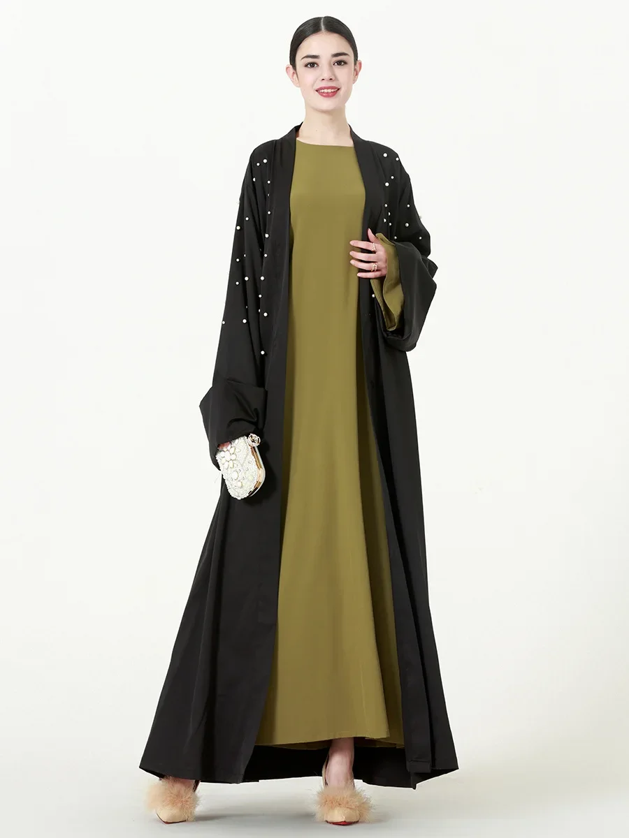 

Мусульманское платье на шнуровке, женская простая абайя с бисером и V-образным вырезом, кафтан, мусульманский кардиган, арабское платье Дубая, женское длинное платье