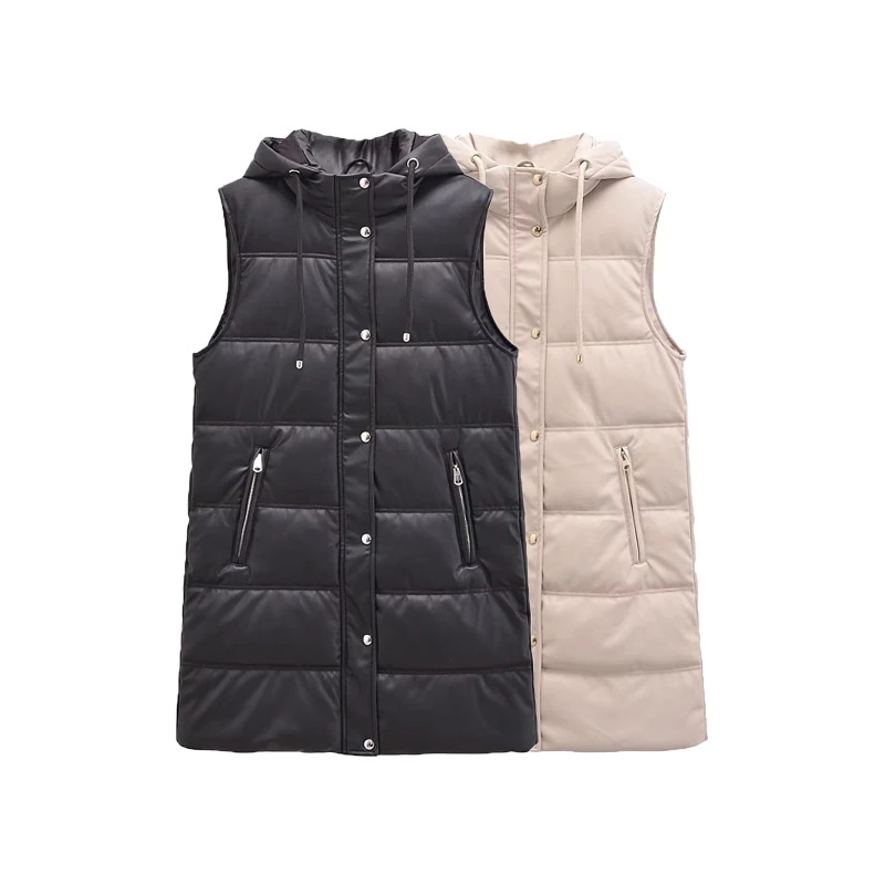 

SLTNX TRAF Hooded PU Women's Vest for Women 2023 Winter Long Warm Vests Coat Female Quilted Front Zipper with Pocket Waistcoat