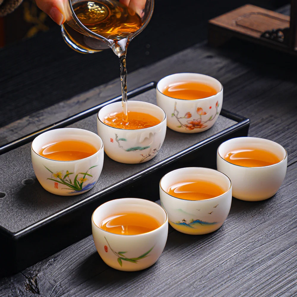 

National Wind Kung Fu Tea Cup 6 Only Loaded Thick Tire Not Hot Goat Fat Jade White Porcelain Sample Tea Cup Ceramic Cup Tea Set