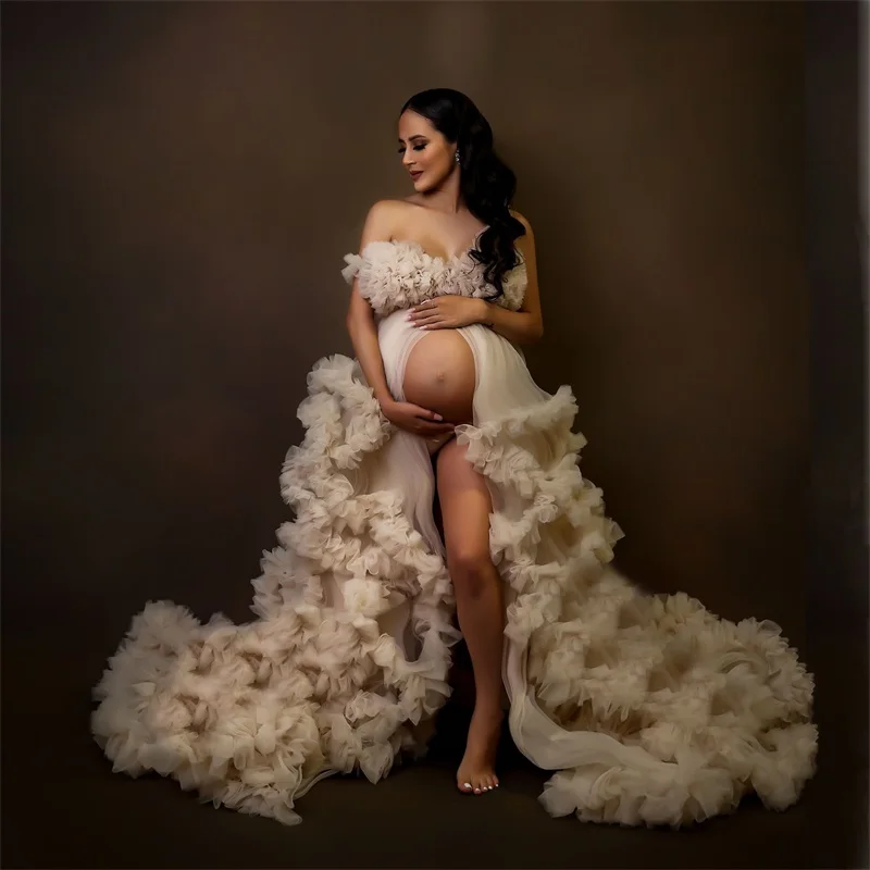 

Ivory Tulle Pregnancy Maternity Dress For Photography Photoshoot Ruffled Mesh Puffy Women Prom Gown Babyshower Custom Made