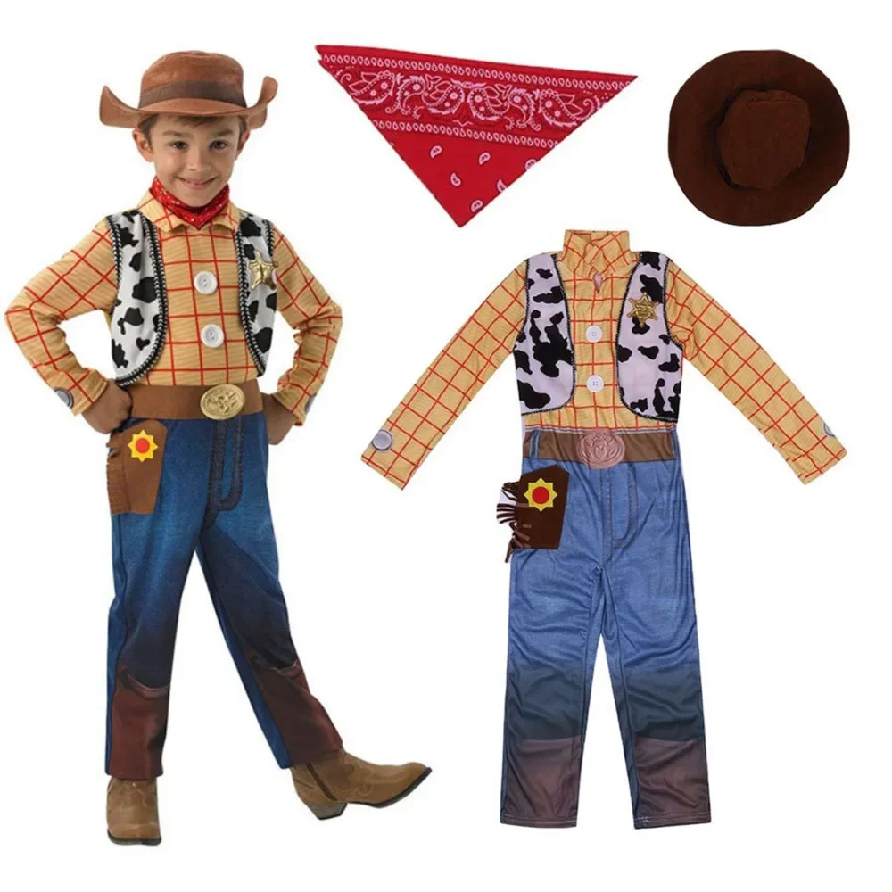 

Movie Toys Woodi Cosplay Costume Kids Cowboy Role Play Suit Boys Cartoon Bodysuit Hat Scarf Full Set Halloween Carnival Party