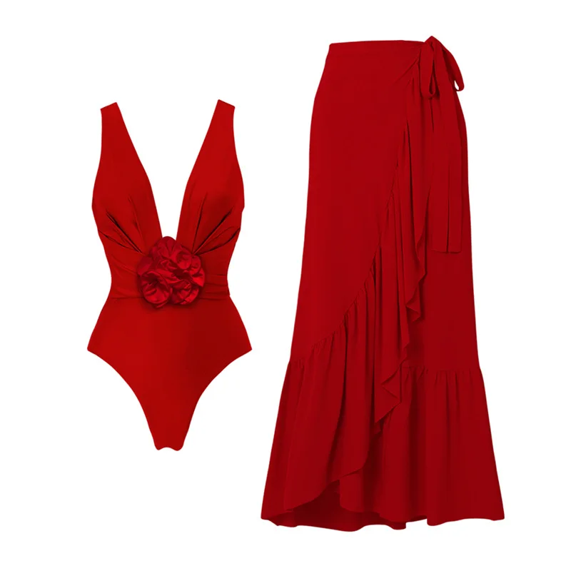 

Цельный купальник с юбкой и винтажным принтом, комплект бикини с глубоким V-образным вырезом, Женский бразильский пляжный купальный костюм, платье, сексуальный купальник с 3D цветами