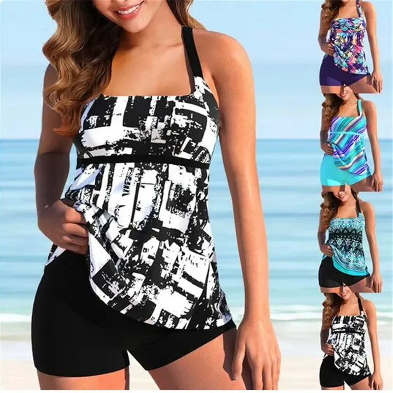 

2023 New Summer Women High Waist Beachwear Regular Tankini Monokini Swimwear Bathing Suit Two Pieces Swimsuits Printed Tankinis
