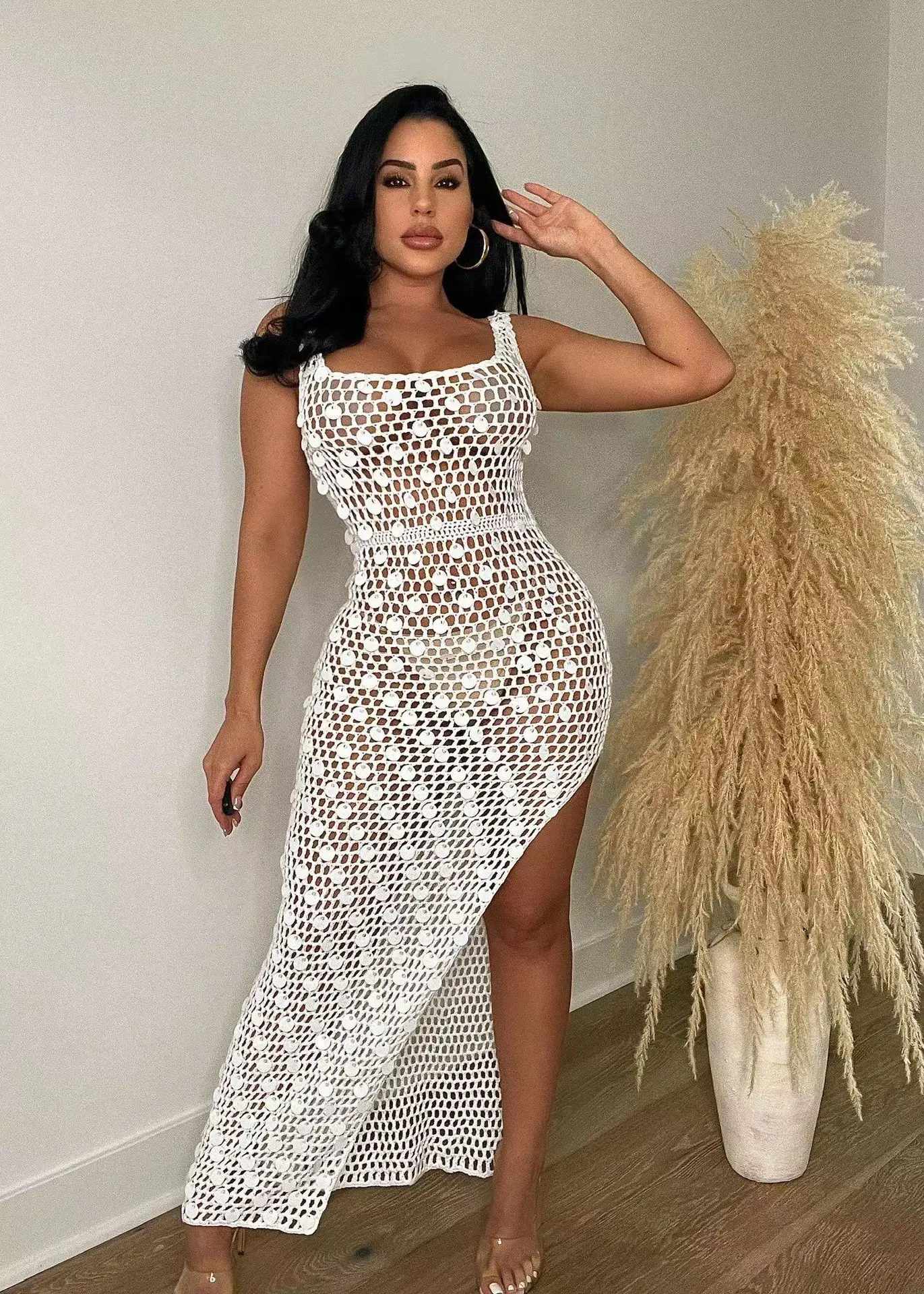 

Sequins Knit Women's Beach Dress Sleeveless Long Dresses Summer Sexy Hollow Out High Split Cover-ups Seaside Vacation Maxi Dress