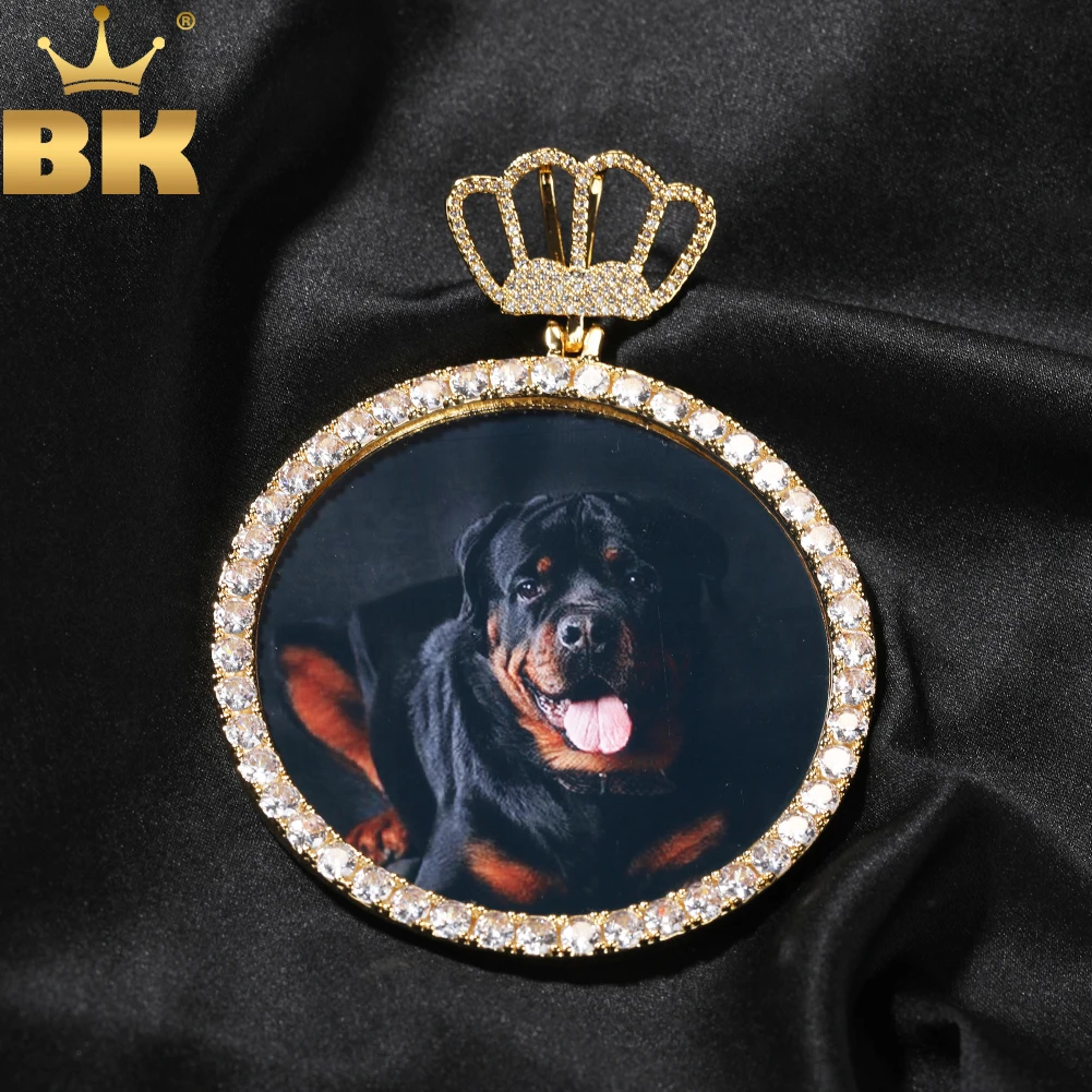 

TBTK Custom Oversize Round Photo Crown Bail Pendant Engraved Name Micro Paved CZ Memory Gift DIY Picture Hiphop Jewelry