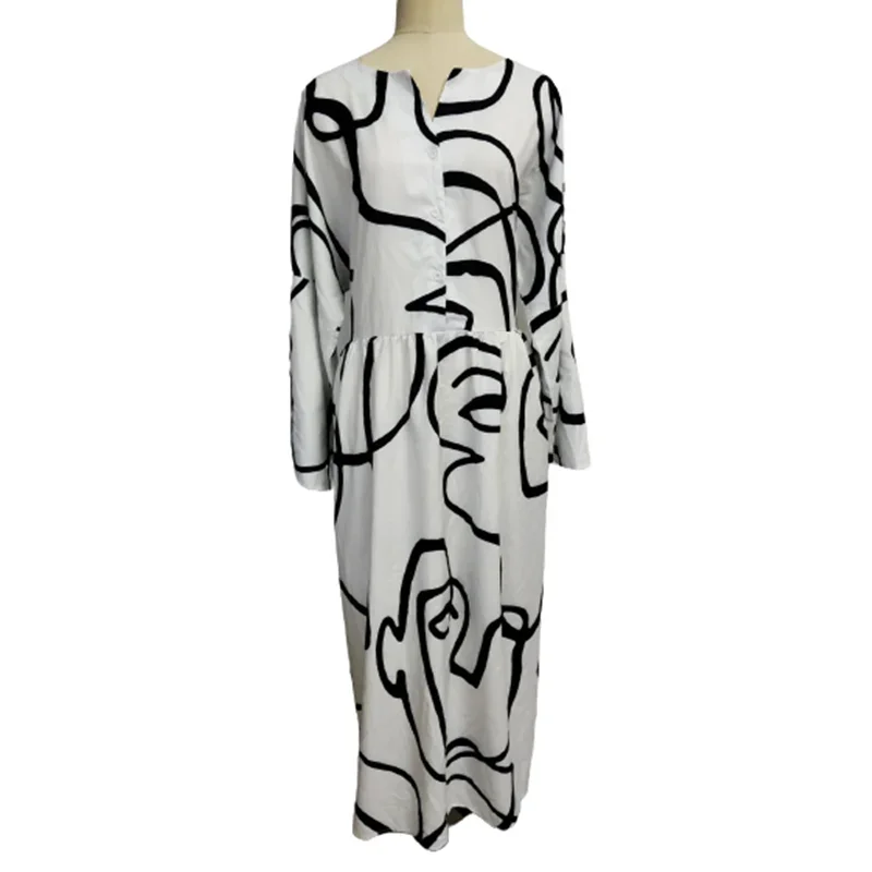 

Women Casual V-Neck Button Long Sleeve Party Maxi Dresses Femme Robe Vestidos Hot Sale Abstract Face Print Plus Size White Dress