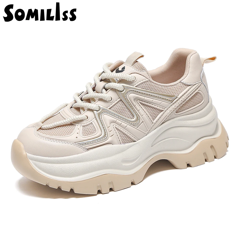 

SOMILISS Chunky Platform Sneakers for Women KPU Breathable Mesh Patchwork Ladies Fashion Non Slip Casual Shoes Spring Summer