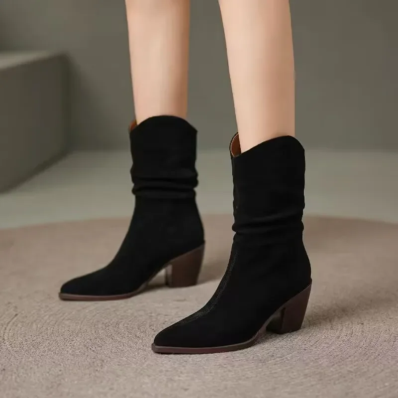 

Женские ботинки без шнуровки, зимние однотонные ботинки из флока с острым носком, теплые ботинки в римском стиле на массивном каблуке, 2023