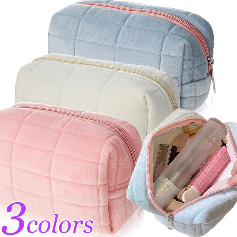 

Cute Fur Makeup Bag for Women Zipper Large Solid Color Cosmetic Bag Travel Make Up Toiletry Bag Washing Pouch Plush Pen Pouch