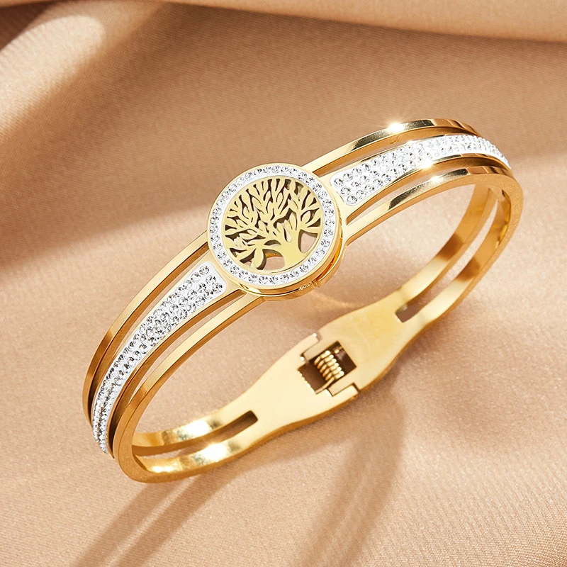 Stainless Steel Bangle Tree Of Life With Stone Wristband Gold Color And Silver Color Stainless Steel Bangle Tree Of Life With Stone Wristband Gold Color And Silver Color