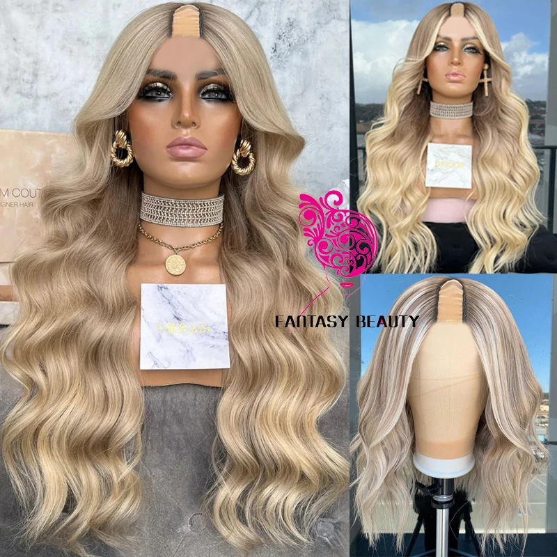 

Indian Remy Ombre Human Hair 1x4 Opening U Part Women Wigs Long Wavy 28nches Ash Blonde Glueless Adjustable Straps U Part Wigs