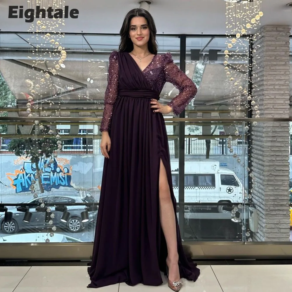 Eightale Dubai Wedding Evening Dress V-Neck Sequin Chiffon Purple Prom Party Gowns Long Sleeves A-Line Side Slit Robes de soirée
Eightale Dubai Wedding Evening Dress V-Neck Sequin Chiffon Purple Prom Party Gowns Long Sleeves A-Line Side Slit Robes de soirée