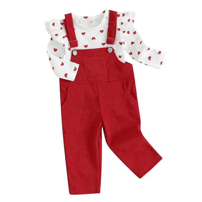 

Toddler Baby Girl Valentine s Day Outfit Heart Print Ruffle Long Sleeve Ribbed Shirt Top Corduroy Bib Overalls Suspender Pants
