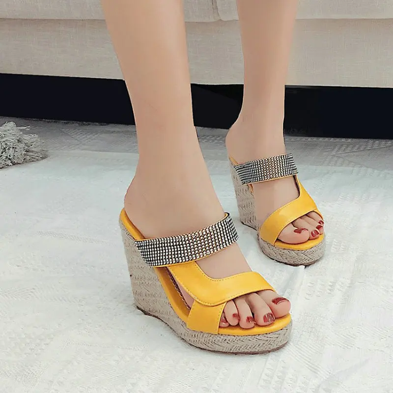 

QPLYXCO 2021 Summer Woman's Espadrilles Shoes Hemp Weaved Platform Sole Yellow Open Toe Wedges Heels Slides Sandals Size 49 50