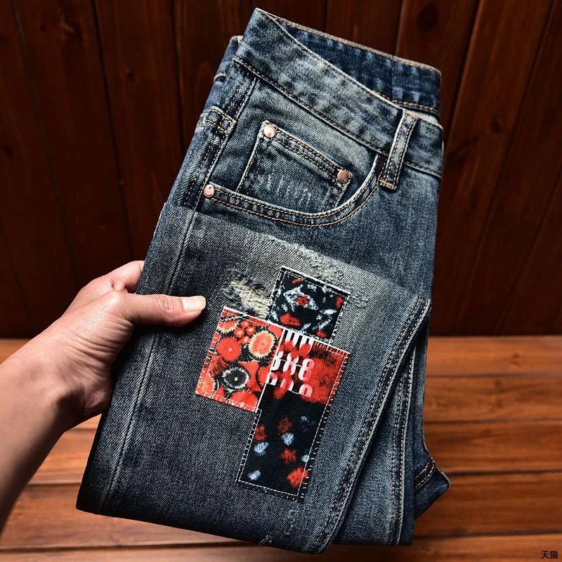 

Paste Cloth Embroidery Jeans Men's Street Motorcycle Slim Fit Skinny Pants Fashion Ripped Patch Stretch Washed Trousers