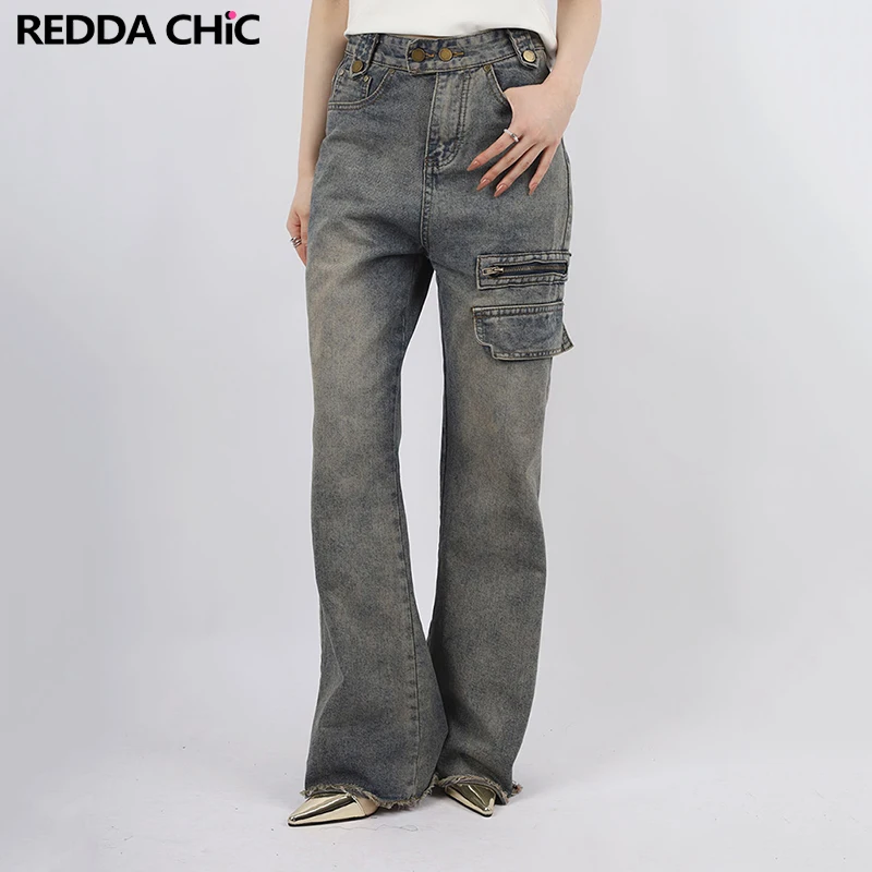 

REDDACHiC Retro Pockets Flare Jeans for Women High Rise Raw Edge Bootcut Pants Vintage Blue Bell Bottoms Grunge Y2k Streetwear