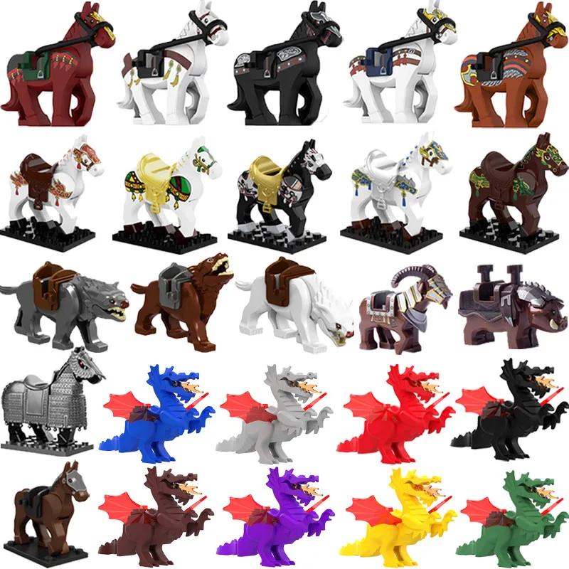 

MOC Medieval Military Fire Dragon Knight Building Blocks Solider Figures Animals Horse Mount Wolf Brick Children Toys Gifts B022