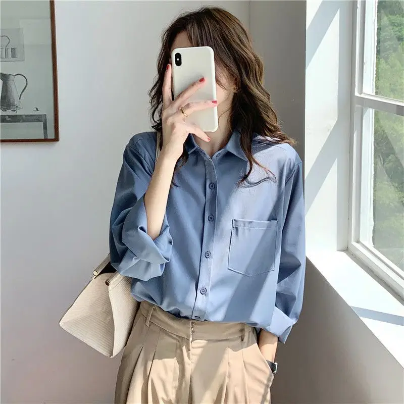 

French Gentle Minimalist Temperament Long Sleeved Shirt Women Solid Lapel Button Pocket Korean Fashion Versatile Loose Thin Top