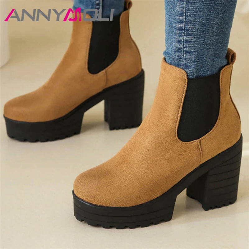 ANNYMOLI Women Ankle Boots Round Toe Platform Thick High Heels Chelsea Short Boots Ladies Fashion Autumn Winter Shoes Apricot 42
ANNYMOLI Women Ankle Boots Round Toe Platform Thick High Heels Chelsea Short Boots Ladies Fashion Autumn Winter Shoes Apricot 42