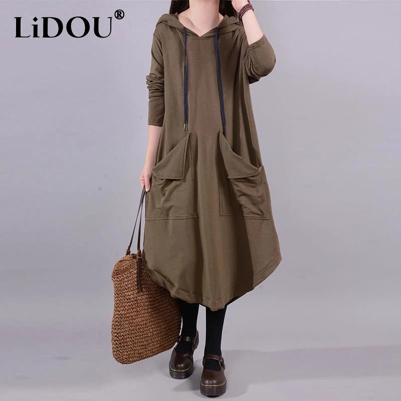 

2023 Spring Autumn New Solid Color Hooded Long Sleeve Midi Dress Women Fashion Pockets Asymmetrical All-match Vintage Dresses