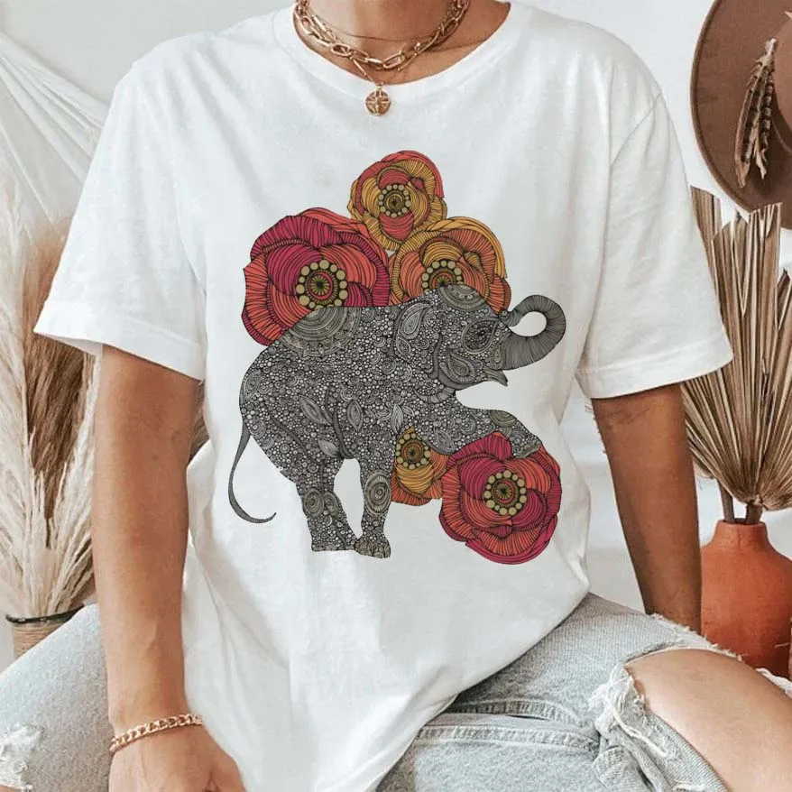 

Summer Fashion Women's T Shirt Cute Elephant Flowers Graphic Top Harajuku Vintage Cotton Short Sleeve Kawaii Funny Tee Streetwea