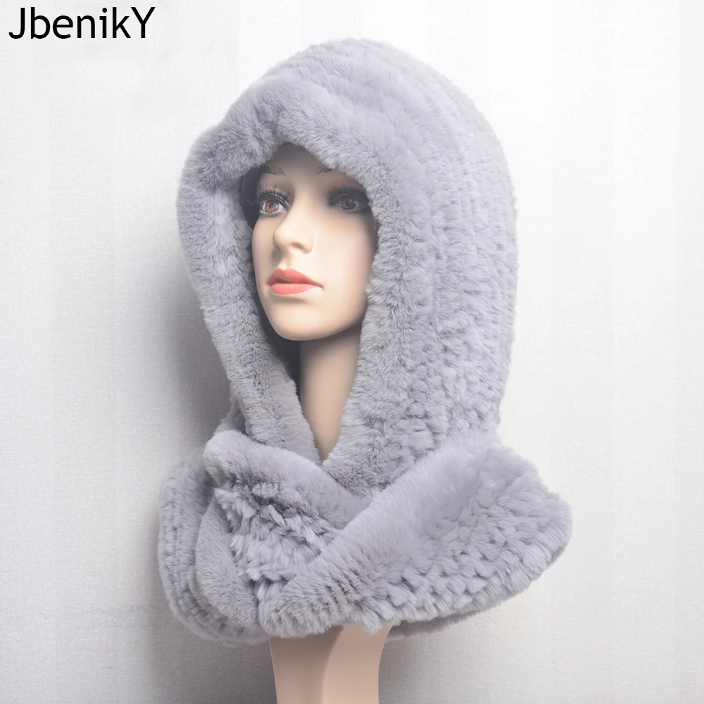 

Women Knitted Real Rex Rabbit Fur Hat Hooded Scarf Winter Hats for Woman Fall Cap Warm Natural Fur Hat with Neck Scarves Bonnets