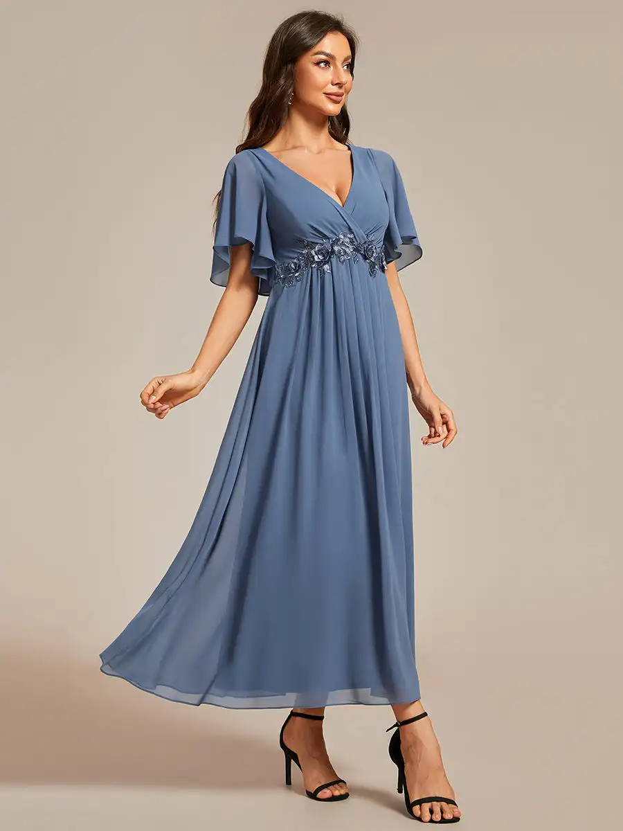 

Elegant Evening Dresses Short Sleeves V-Neck Tea Length With Short Sleeves 2024 Ever Pretty of Dusty Navy Wedding Guest Dress