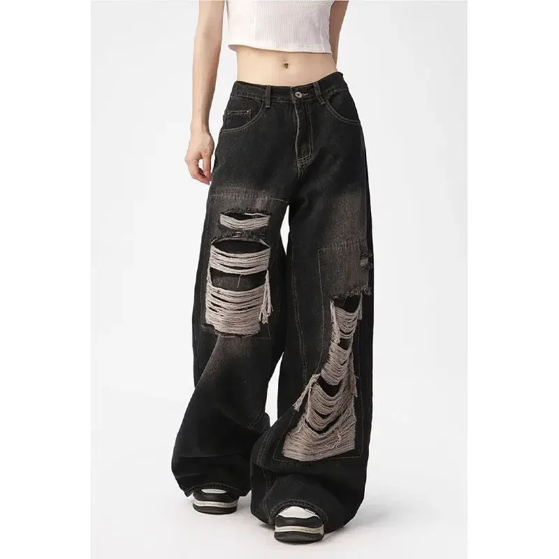 

Джинсы Y2K женские в стиле ретро, мешковатые брюки из денима с эффектом потертости, прямые повседневные свободные брюки с широкими штанинами в стиле хип-хоп, уличная одежда