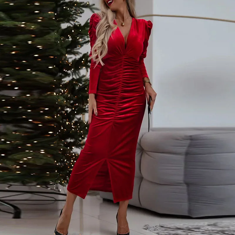 New Christmas Party Golden Velvet Dress Elegant Lady V-neck Draped Slim Split Dress Autumn Casual Long Sleeve Slim A-line Dress
New Christmas Party Golden Velvet Dress Elegant Lady V-neck Draped Slim Split Dress Autumn Casual Long Sleeve Slim A-line Dress