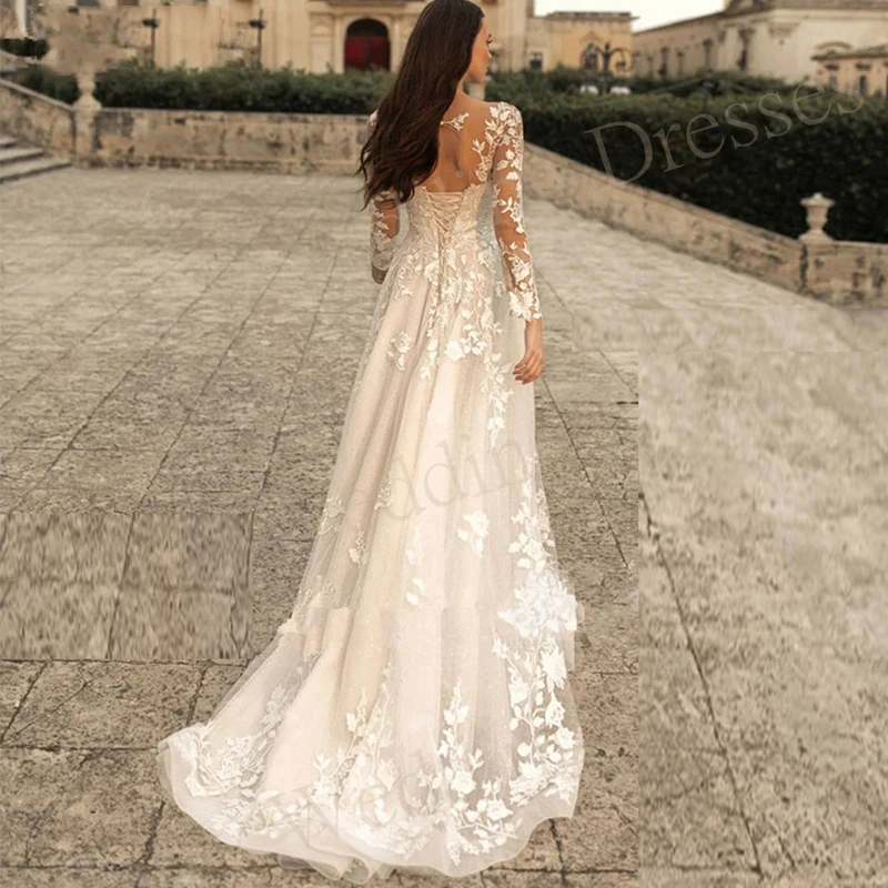 

2024 Modern Scoop Neck A-Line Women's Wedding Dresses Vintage Lace Up Appliques Bride Gowns Elegant Long Sleeve Robe De Mariee