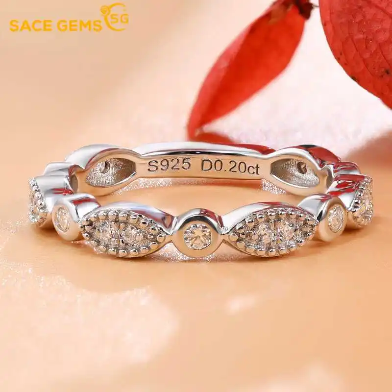 

SACEGEMS D VVS Full Moissanite Ring 925Sterling Silver Plated 18k White Gold Fine Jewelry Engagement Wedding Rings for Women Man