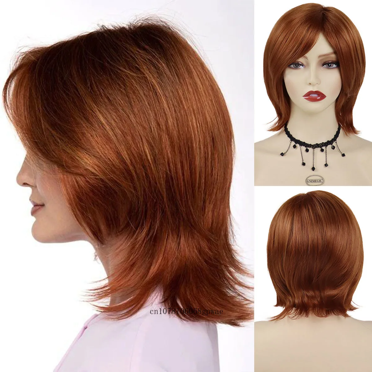 

Stylish Auburn Ladies Wig Synthetic Short Bob Wigs for Women Natural Soft Female Wig with Bangs Side Parting Hair Cosplay Party
