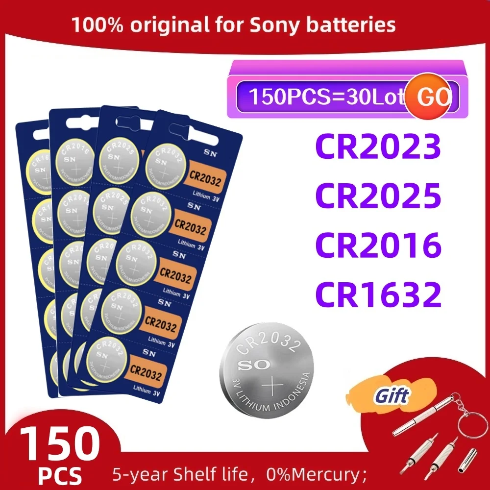 150PCS For Sony CR2032 CR2025 CR2016 CR1632 Lithium Battery CR2032 Watch Toy Calculator Car Key Remote Control Button Coin Cells
150PCS For Sony CR2032 CR2025 CR2016 CR1632 Lithium Battery CR2032 Watch Toy Calculator Car Key Remote Control Button Coin Cells