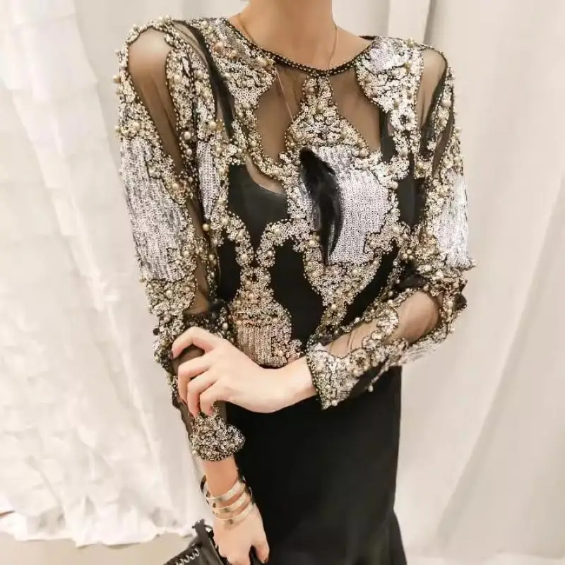 High Quality Mesh Perspective Studded Embroidery Sequin Loose Fitting T-Shirt Long Sleeve Spring Summer 2024 Top Women Clothes
High Quality Mesh Perspective Studded Embroidery Sequin Loose Fitting T-Shirt Long Sleeve Spring Summer 2024 Top Women Clothes