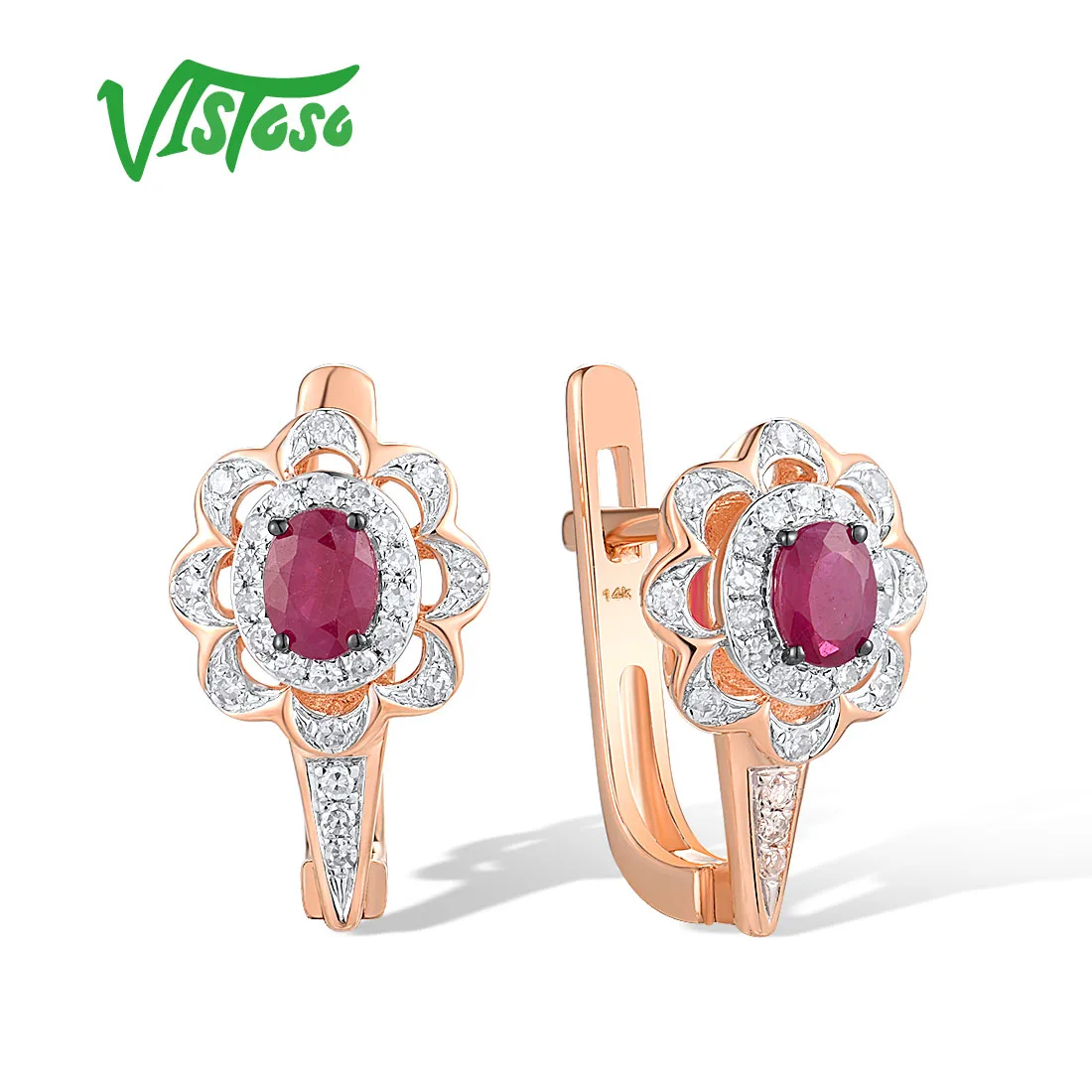 

VISTOSO Authentic 14K 585 Rose Gold Earrings For Women Sparkling Diamond Ruby Delicate Wedding Engagement Gifts Fine Jewelry