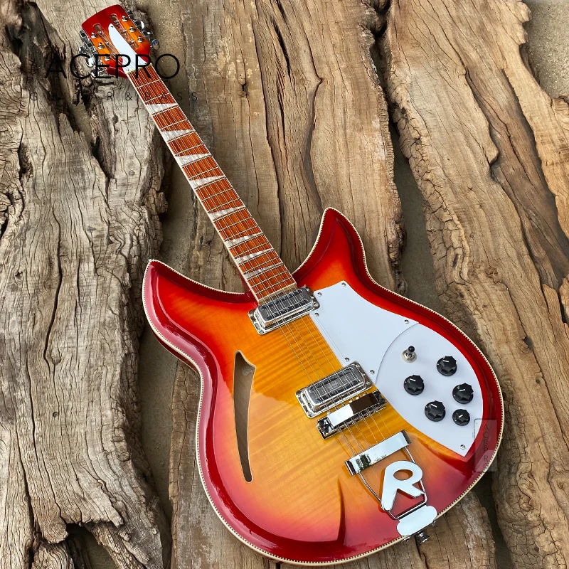 

12 String 381 Electric Guitar Cherry Sunburst Color, Mahogany Body with veneer Flame Maple, Tailpiece Bridge, Guitarra
