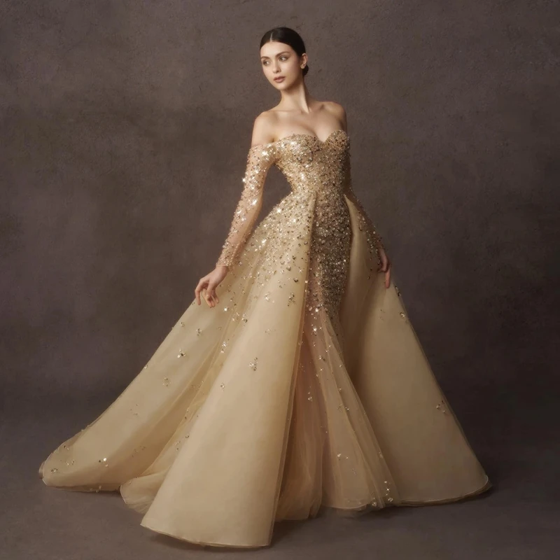 Luxury Dubai Champagne Gold Mermaid Evening Dress with Detachable Overskirt Off Shoulder Arabic Wedding Party
Luxury Dubai Champagne Gold Mermaid Evening Dress with Detachable Overskirt Off Shoulder Arabic Wedding Party